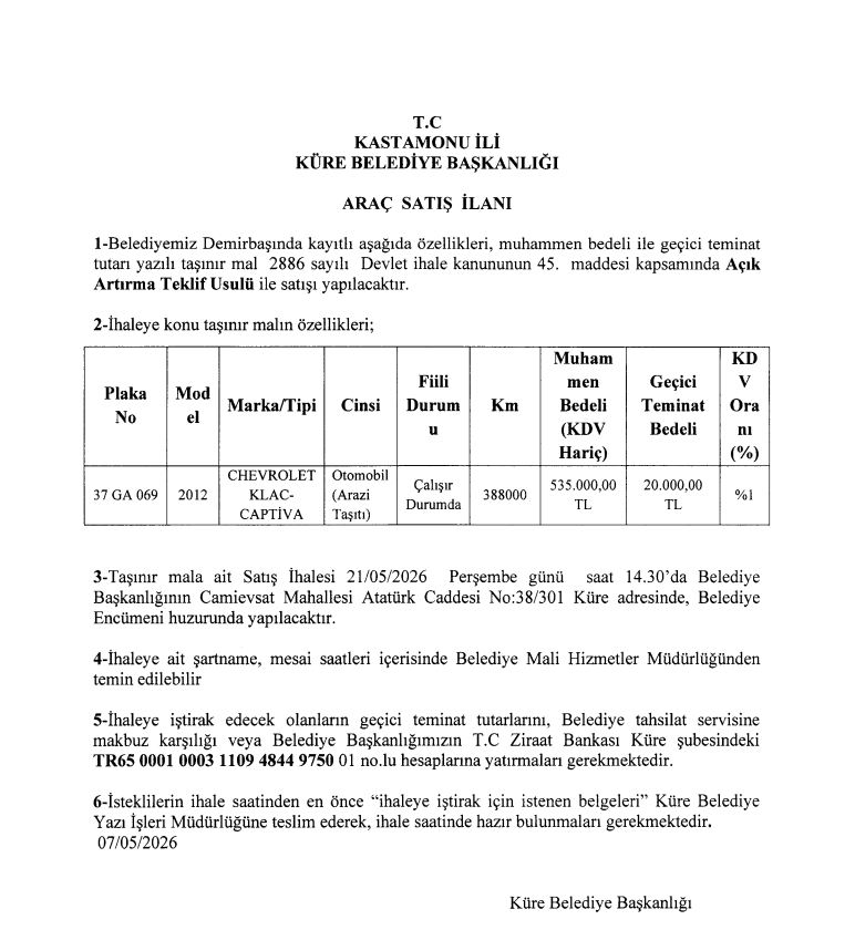 TAŞINIR MAL SATIŞ İHALESİ İL (...)